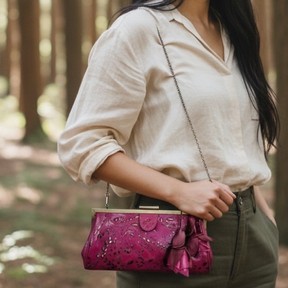 Patricia Nash Handbags - Patricia Nash Athena Vintage Collection Magenta Laser Cut Floral Chain Handbag